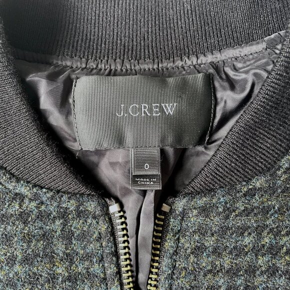 J. Crew Women Bomber Wool Mix Tweed Leather Jacket, Size 0 - Picture 5 of 14